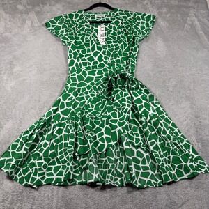 XIX Palms Wrap Dress Women Medium Green White Giraffe Print Ruffle Hem Rayon